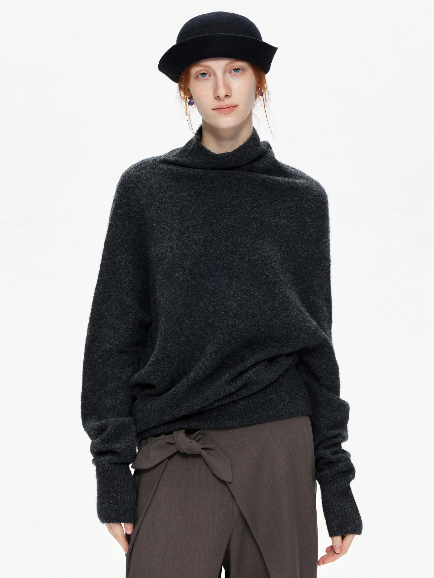 

Autumn Winter Women's Knitted Sweater Batwing Sleeve Oversized Soft Grey Inner Shirt Casual Style Regular Fit Long Sleeve Top