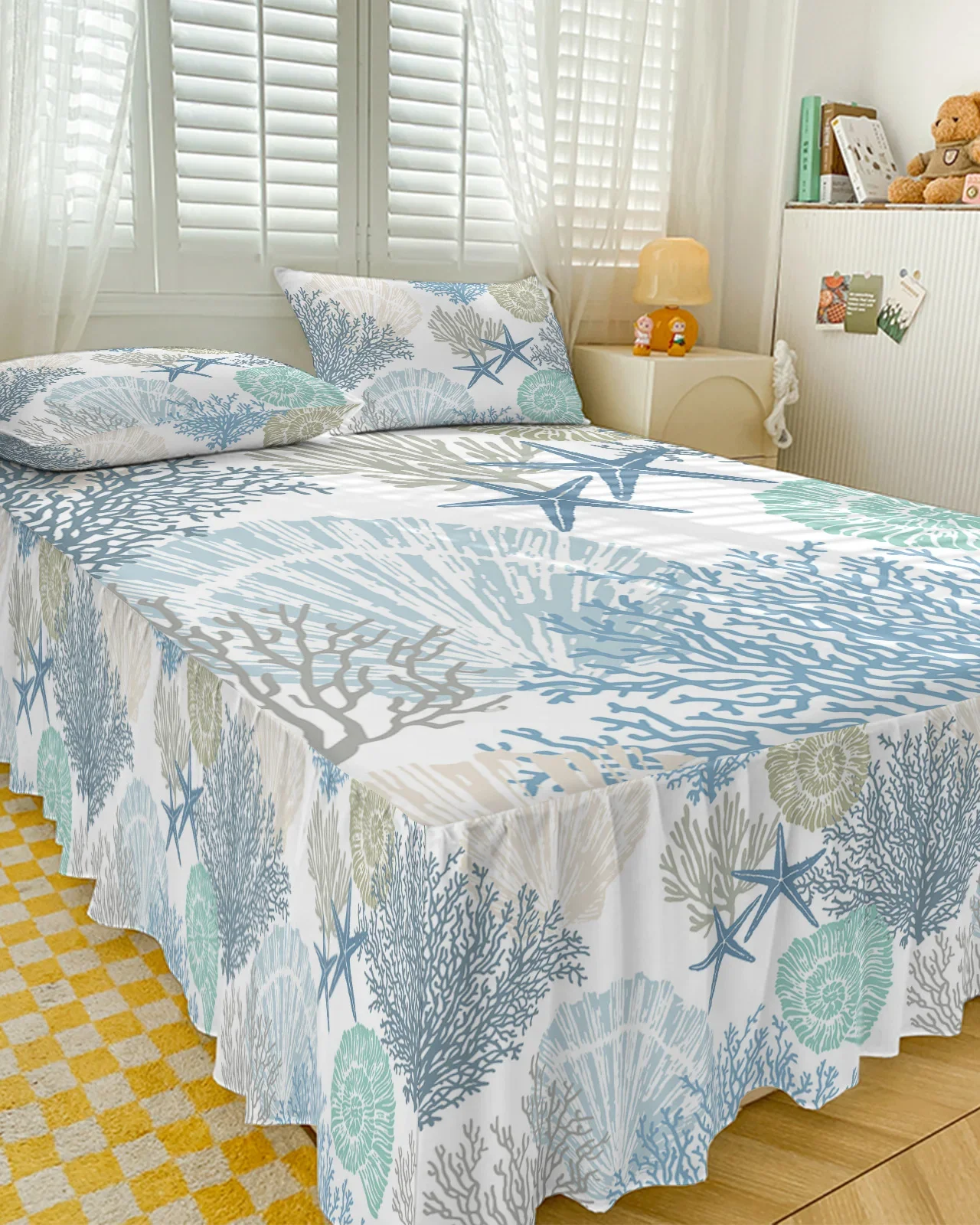 Imagem -04 - Elástica Equipada Colcha com Fronhas Azul Marinho Coral Conchas Saia de Cama Starfish Capa de Colchão Conjunto de Cama