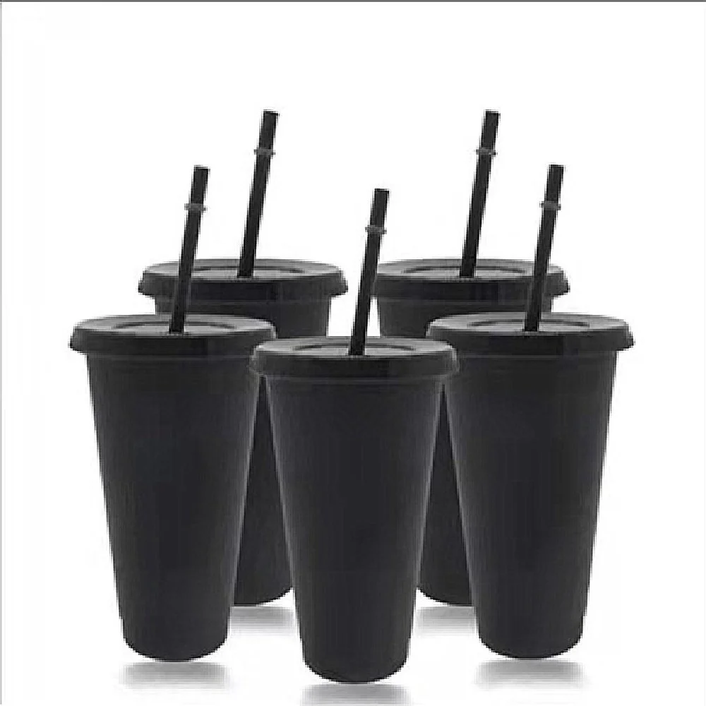 700ml Black White Straw Cup With Lid Color Change Coffee Cup Reusable Cups Plastic Tumbler Matte Finish Coffee Mug