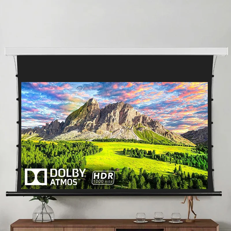60-150 Inch High Class Cinema White Motorized Tab Tension Projector Screen For All Kinds of Projectors 4K 3D