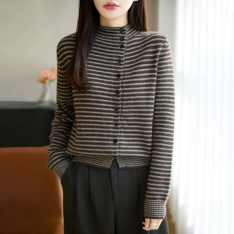2026 Winter New Fashion Semi High Neck Casual Versatile Base Sweater Color Blocking Design Striped Knitted Cardigan for Women