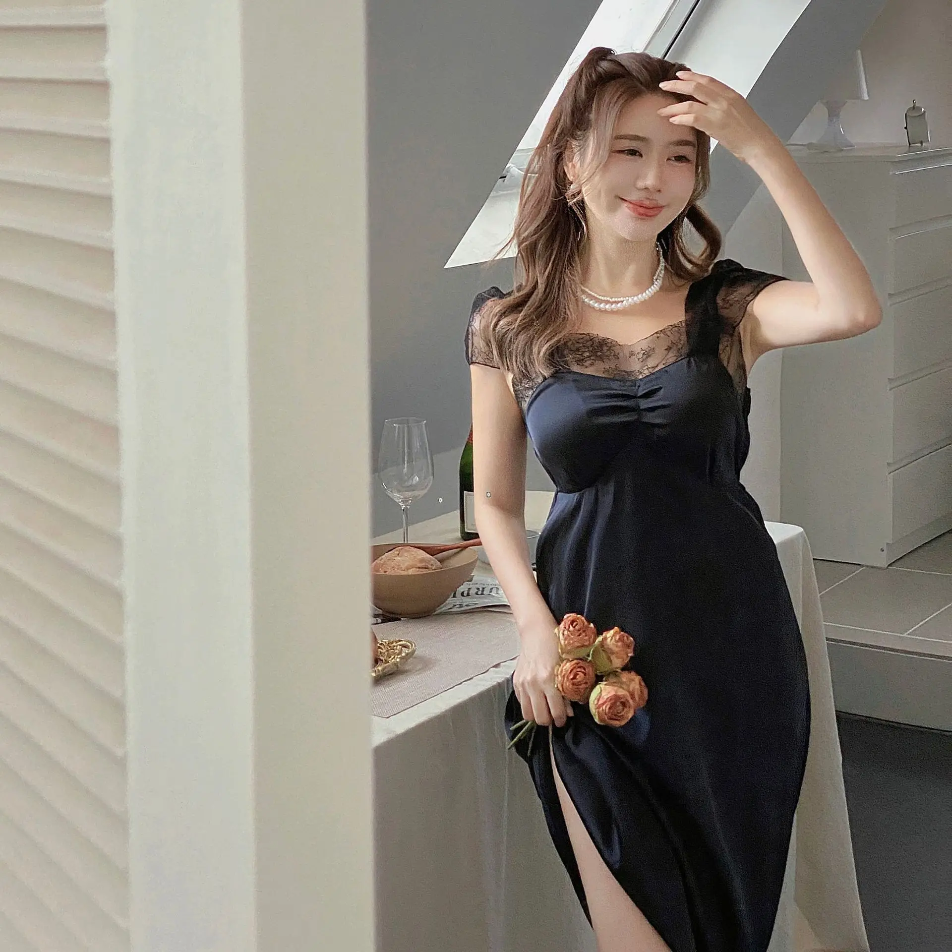 New Silk Satin Homedress Long Nightgown Lady Sexy Lace Sleepwear Spaghetti Strap Nightwear Casual Homewear Princess Sleepshirt