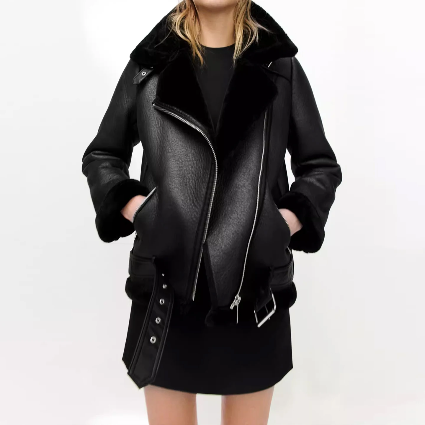 Z المرأة على الوجهين فارس Jaet معطف جلد دافئ الفراء تخفيف Sle فضفاضة تناسب طويلة Sve سستة كيت الخريف 2025