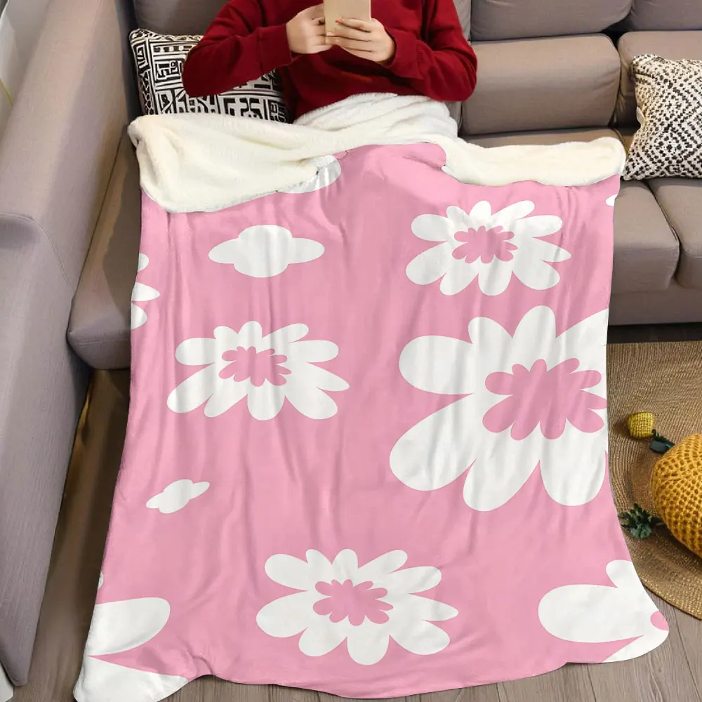 pink white daisy cloud Flannel Blanket Warm Soft Halloween Christmas Decorative Couch Warm Cozy All-Season Gift