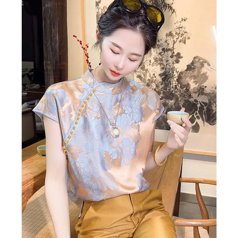 Silk Women\'s Shirts Summer 2023 New Print Chinese Style Blouses Loose Short Sleeve O-Neck Top Satin Elegant Clothing