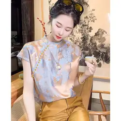 Silk Women's Shirts Summer 2023 New Print Chinese Style Blouses Loose Short Sleeve O-Neck Top Satin Elegant Clothing