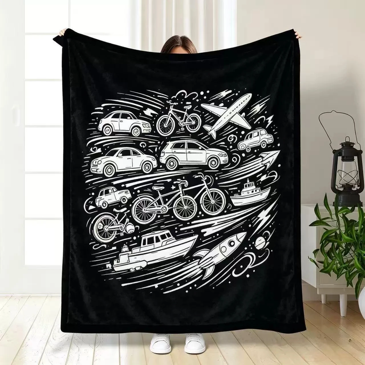 Multi Seaside Holiday Motif Doodle Black Backdrop Blanket Portable Warm Throw DIY blanket For Outdoor Travel Home Use