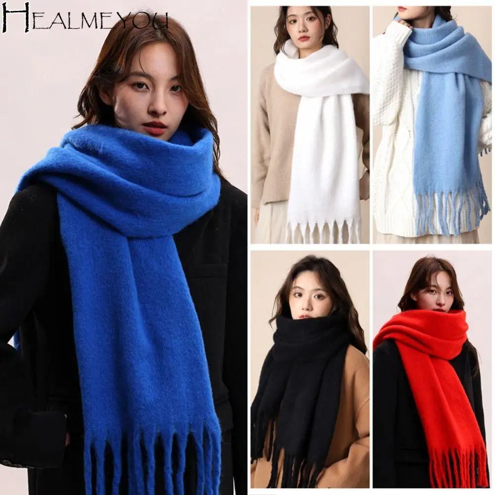 

Simple Mohair Winter Wool Scarf Tassel Plush Winter Cashmere Scarves Solid Color Thicken Long Shawl Autumn Winter