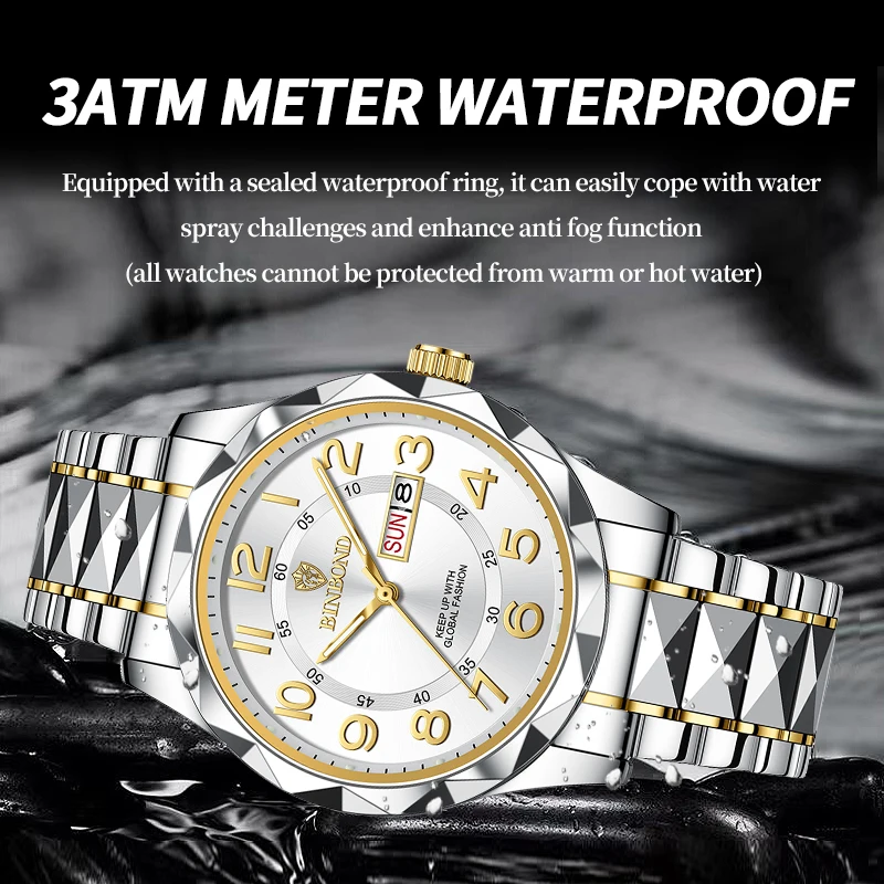 BINBOND Top Brand Luxury Man Wristwatch Waterproof Luminous Date Week Men Watches Stainless Steel Quartz Men\'s Watch Male reloj