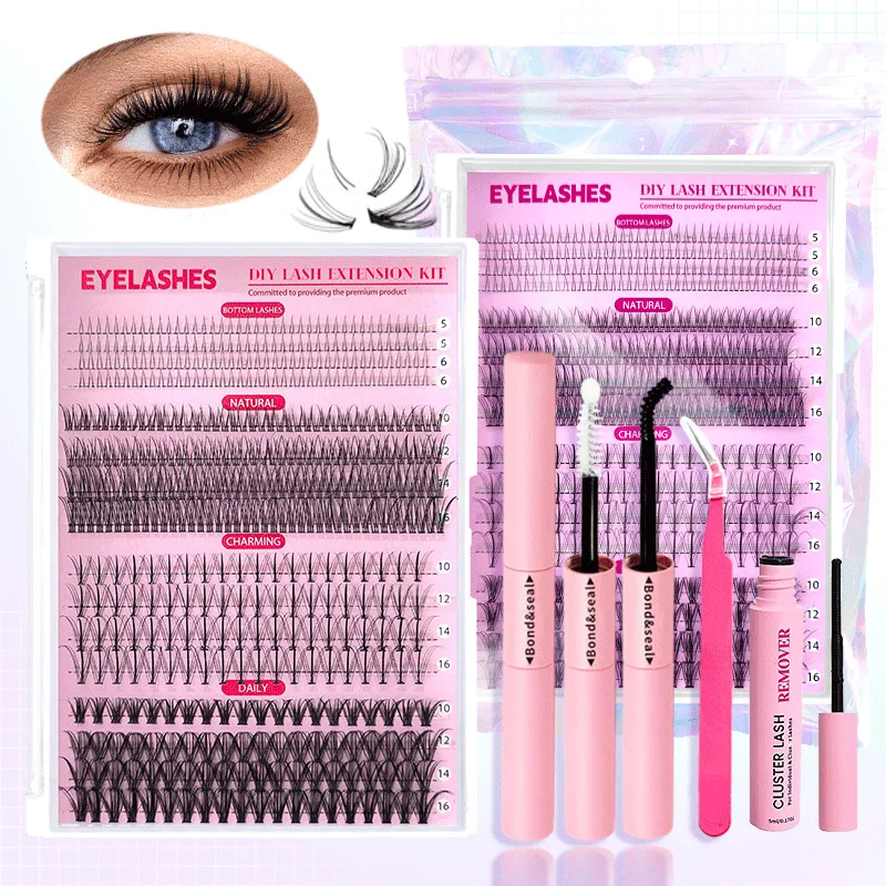 Lashes Clusters Set Extensions Kit Fake lashes Mix Lash Clusters with Bond Seal Lash Applicator Tools Make up lash extension kit