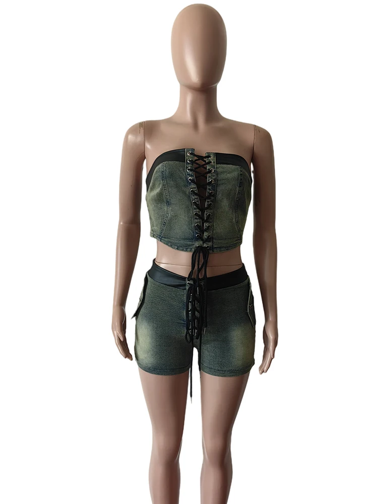 DENIM ฤดูร้อน 2 ชิ้นชุดผู้หญิงหนังขอบ VINTAGE Y2K Shirring เสื้อไม่มีสายหนัง + กางเกงขาสั้น Hipster ฤดูร้อนการจับคู่ชุด