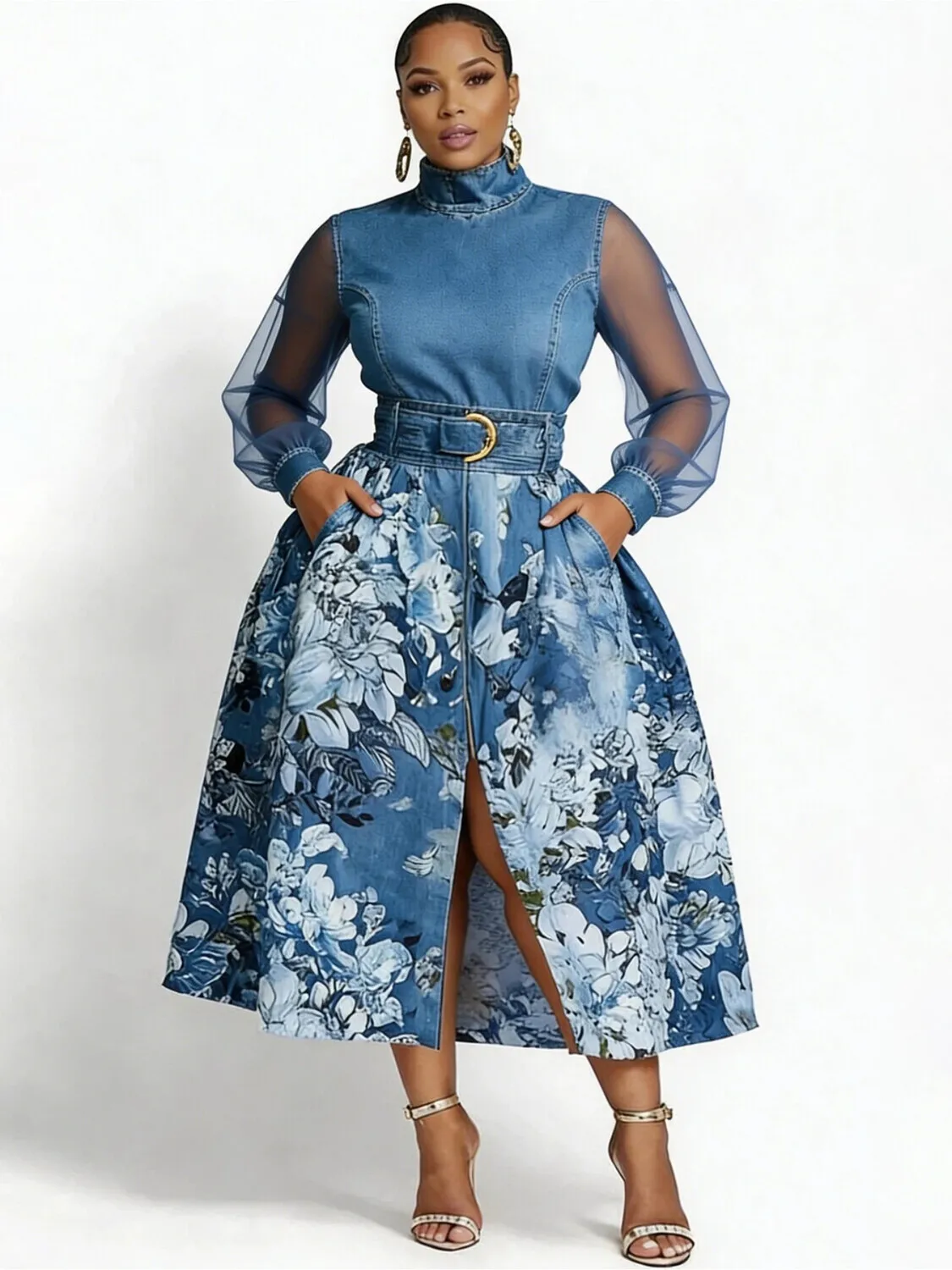 Plus Size Women Denim Floral Midi Dress Mock Neck Sheer Mesh Long Sleeve Belted Front Split A Line with Pockets Casual Dress