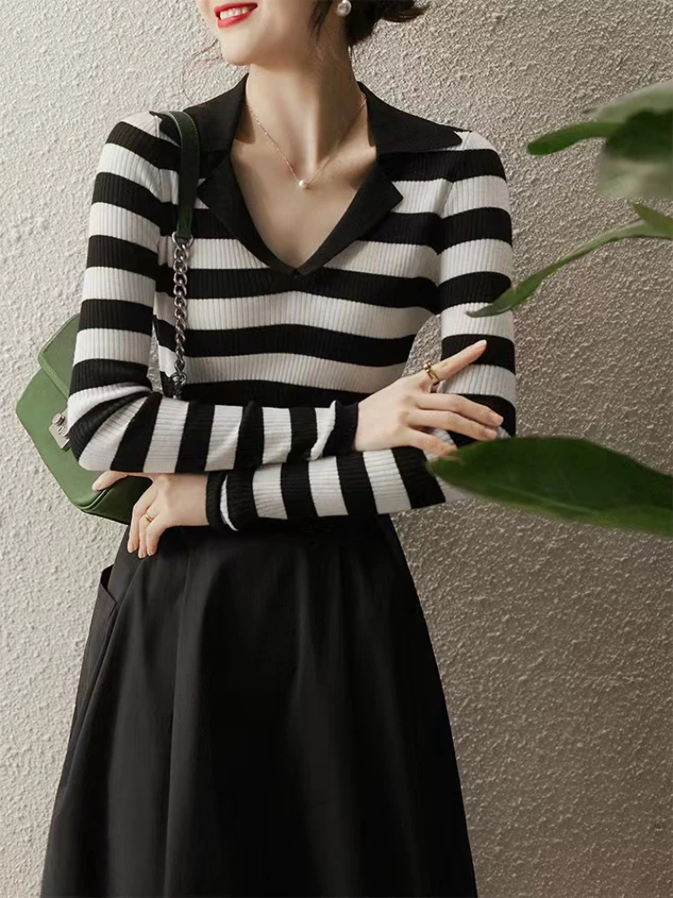 Pullovers Women Striped Slim Kintted Sweater Mujer Fashion Elegant OL All-match Temperament Tender Stylish Fall Basic Young Ins