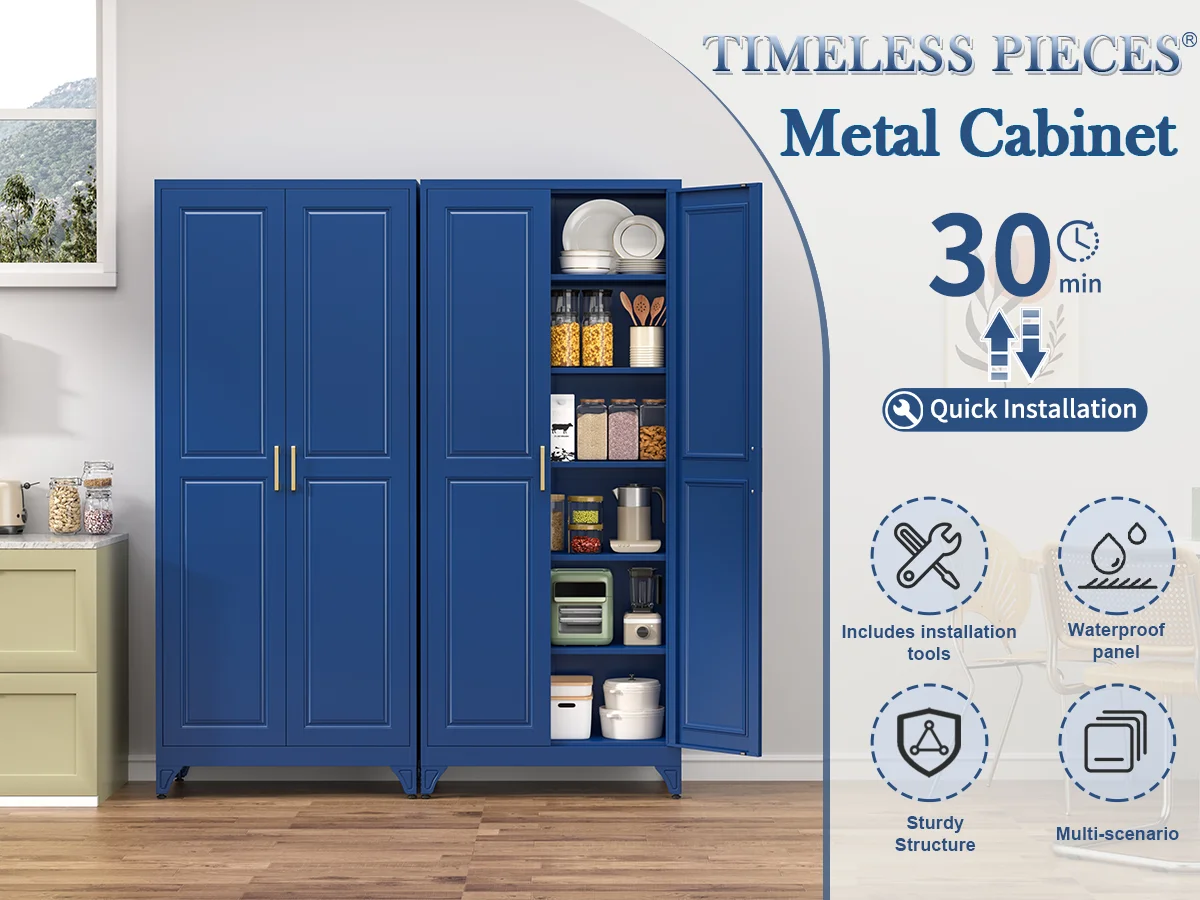 Polup 75" Pantry Cabinet with 5 Adjustable Shelving Tall Metal Storage Cabinet Blue Modern Kitchen Cabinet for Kitchen