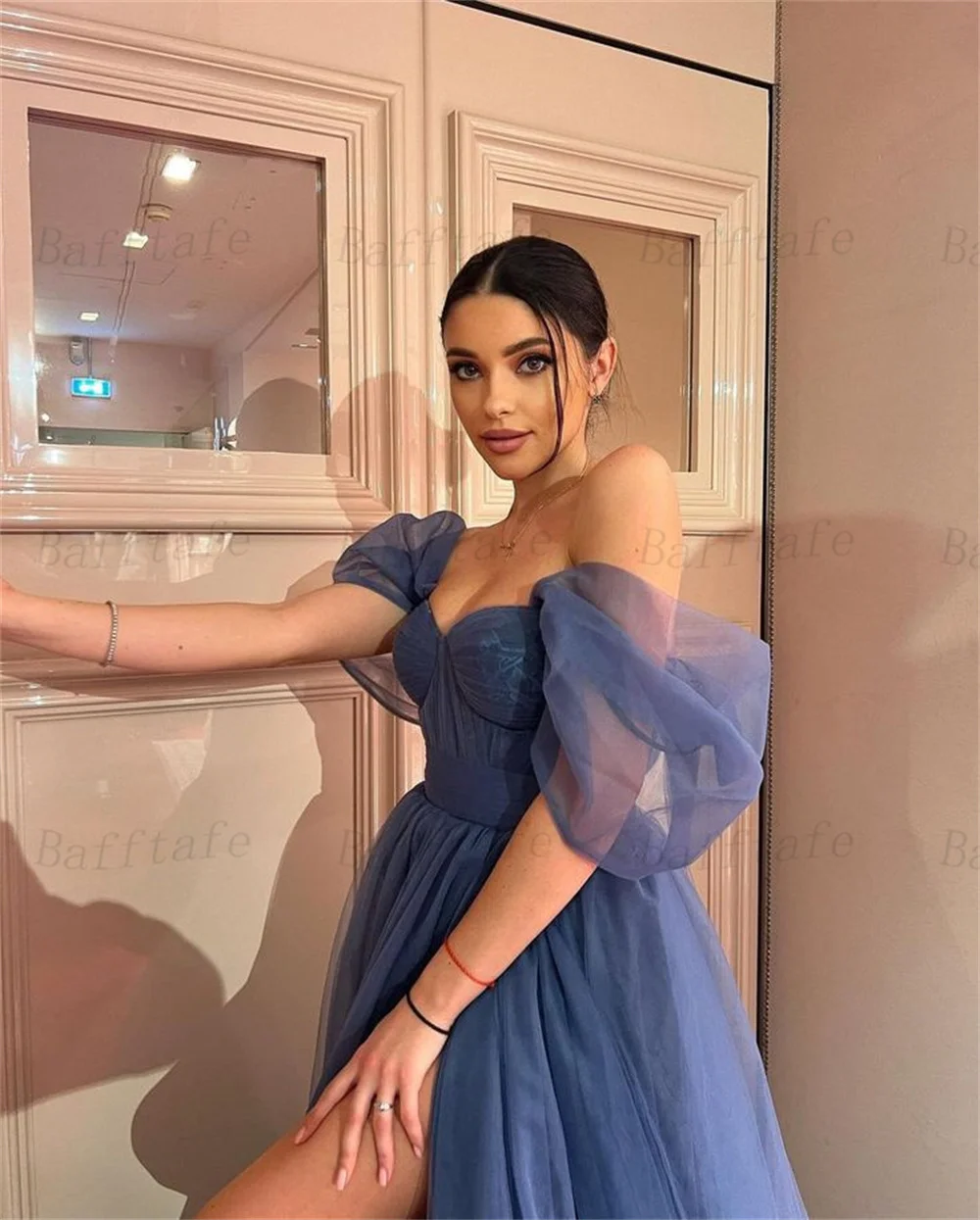 Bafftafe Tulle Women Prom Dresses Off The Shoulder High Split Pleated Evening Gowns Formal Wedding Occasion Dress Customized