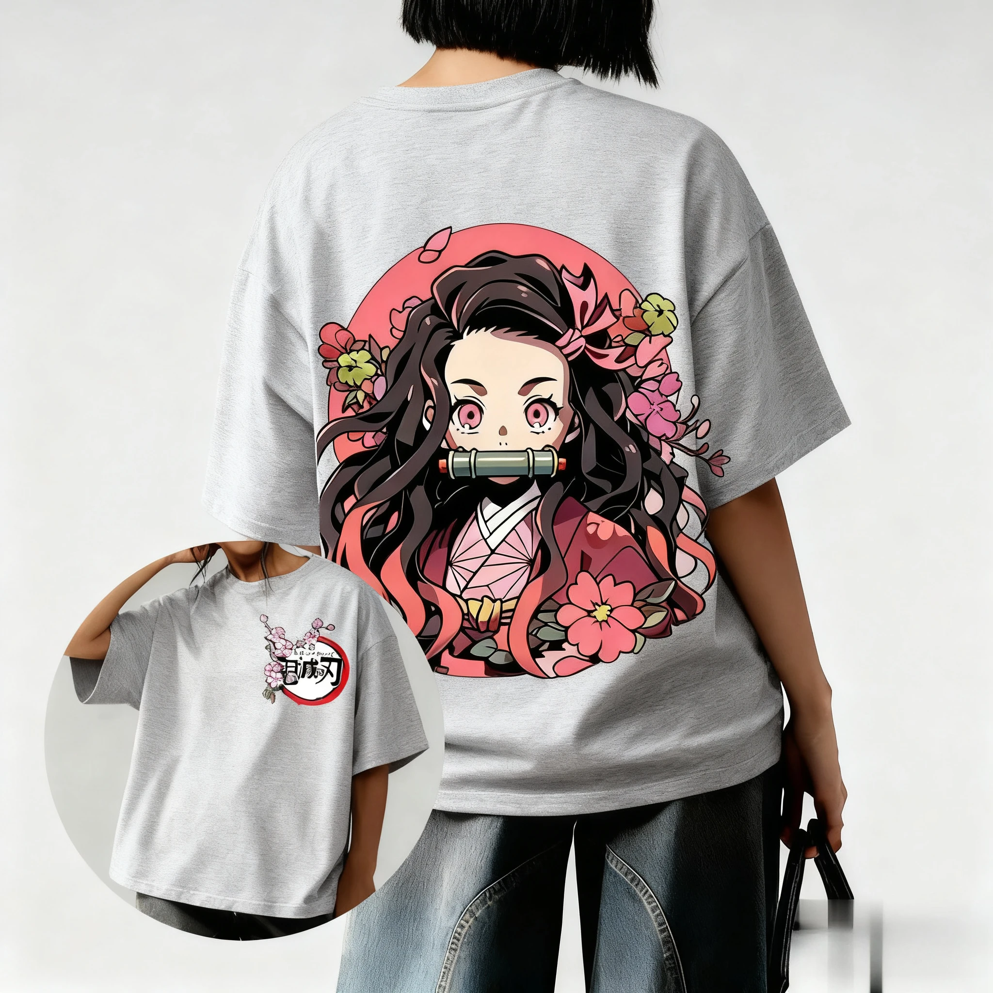 귀멸의 칼날 애니메이션 네즈코 프린트 티셔츠 2026 여성 여름 신상 하라주쿠 루즈핏 캐주얼 부모 자녀 반팔 상의