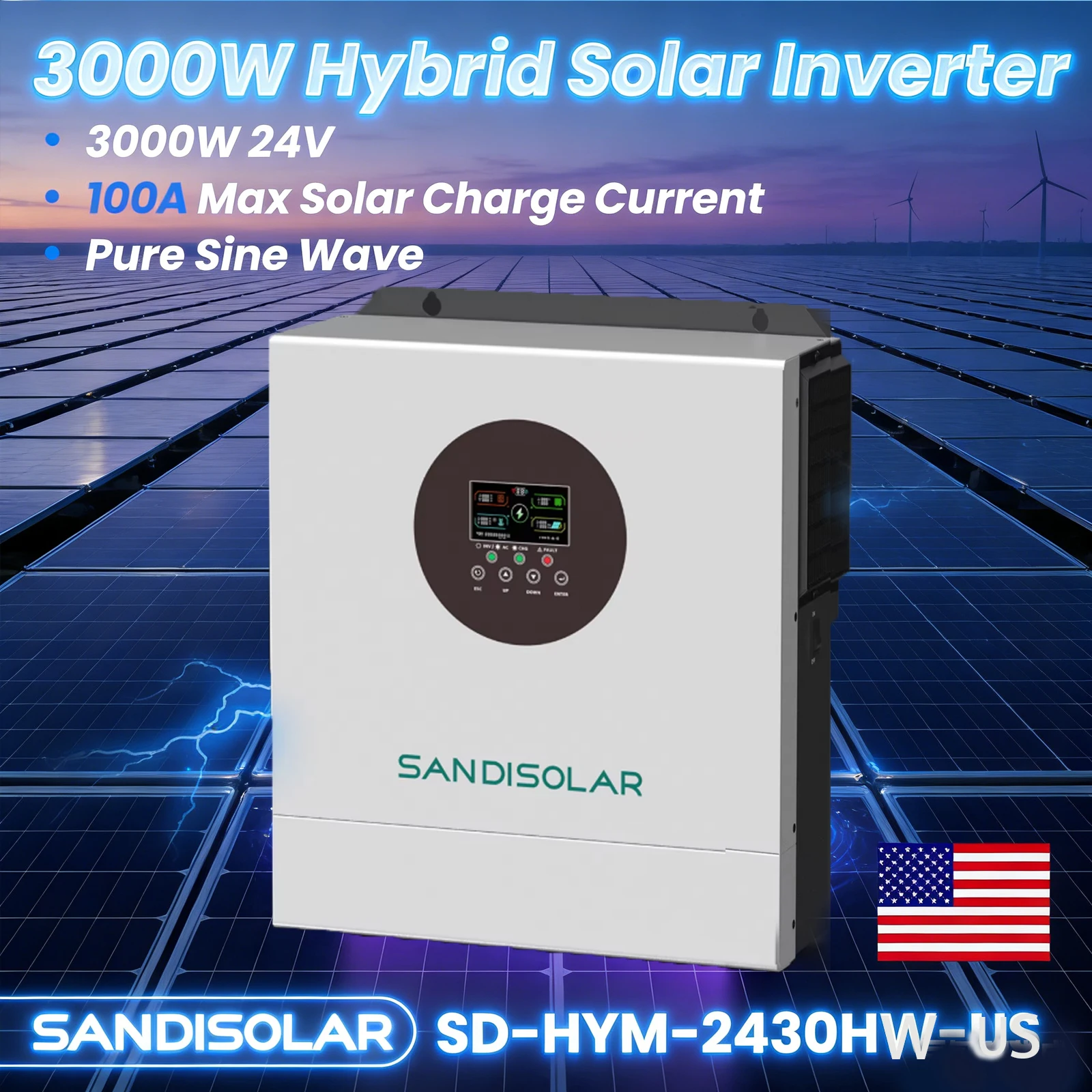 SANDISOLAR 3KW 24V Hybrid Solar Inverter 110V Pure Sine Wave RS 485 PV 500V With MPPT 100A Support Lithium Battery communication