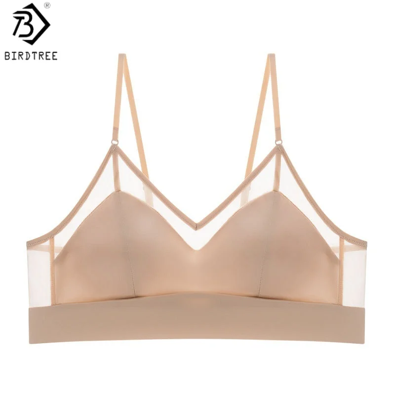 Birdtree, 93% Silk 7% Spandex Bra, Women's Bralette Triangle Cup Underwear, French Style Thin Bras, 2026 Summer New A64614JF