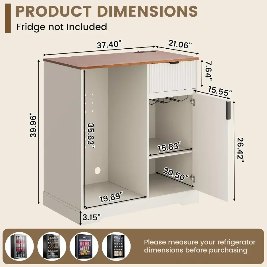 Mini Fridge Cabinet with Power Outlet, Fluted Coffee Bar Cabinet