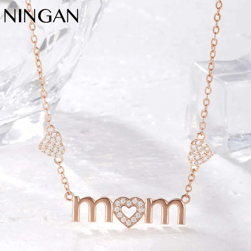 

NINGAN Mom's Heart Pendant Necklace Festival Fashion Gifts Letter Pendant Necklace Sparkling Zircon Birthday Gift