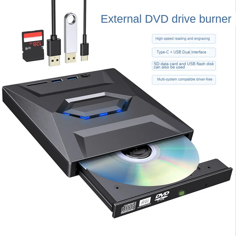 USB3.0+Type-C DVD Burner DVD RW CD Writer External Optical Drive TF/SD Card Reader For PC