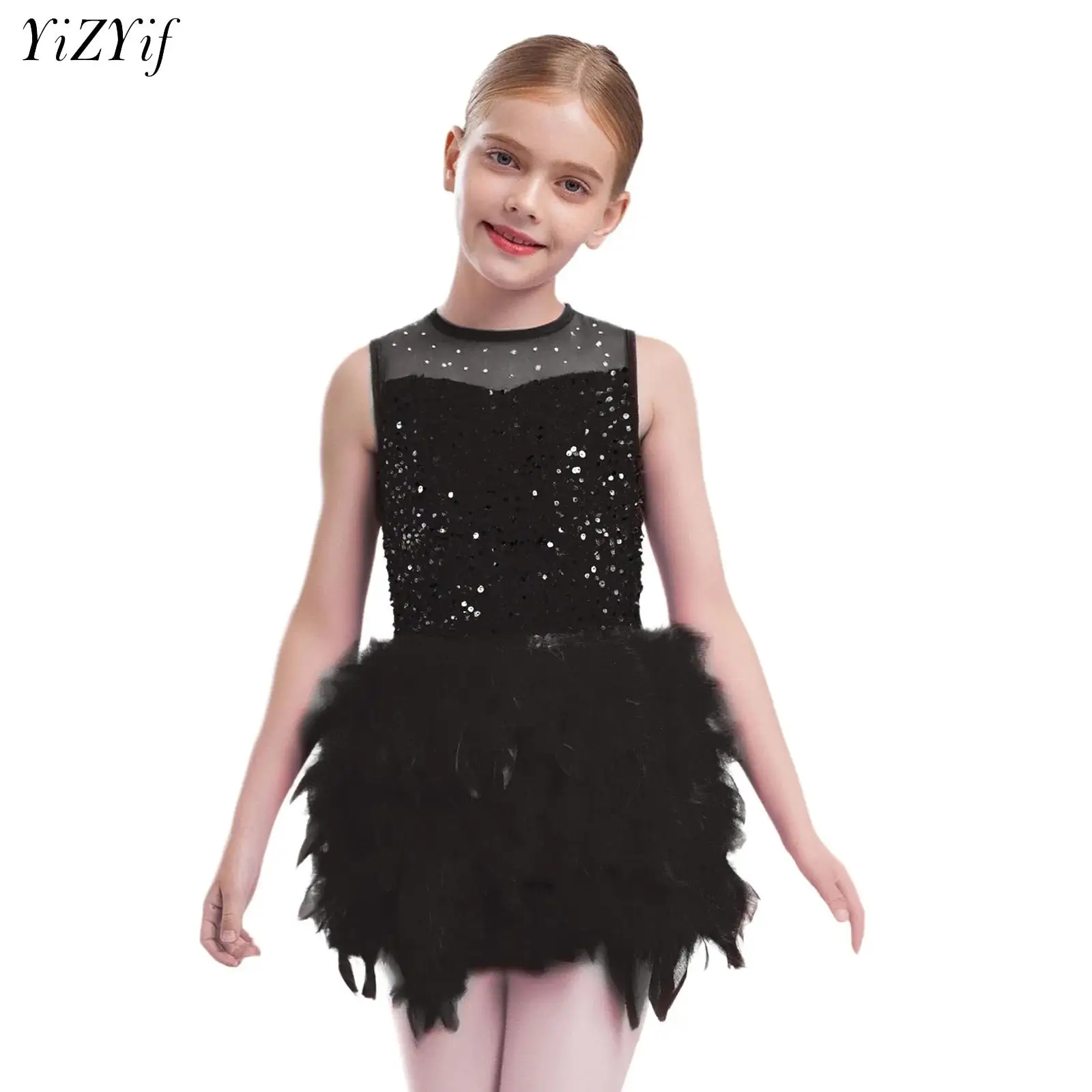 Girls Figure Skating Ballet Dance Dress Sleeveless Sequins Feather Velvet Leotards for Ballroom Latin Tango Dancing Performance