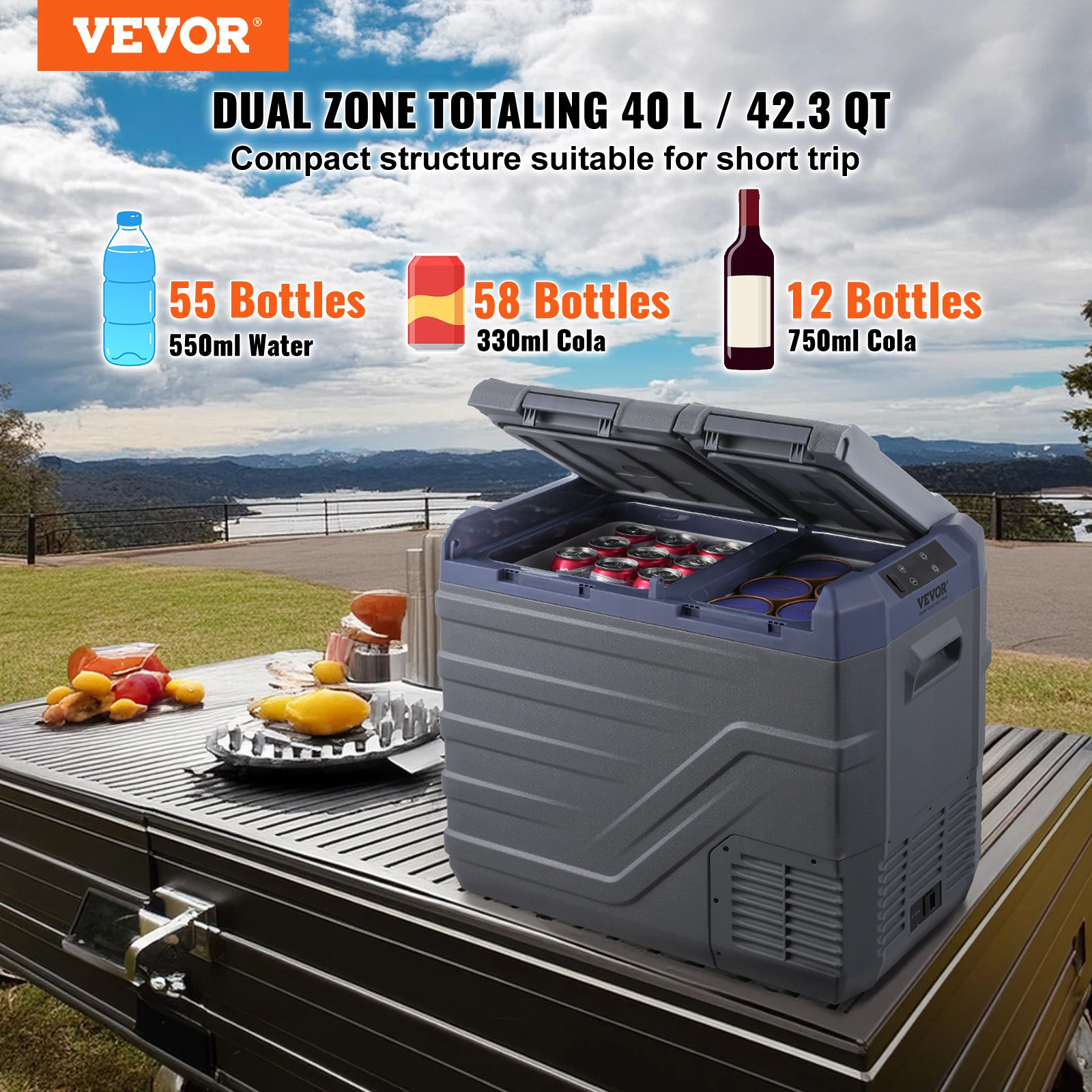 VEVOR Nevera de Compresión Portátil 40 L Mini Nevera para Coche de Doble Zona Temperatura Ajustable de -20 °C a 20 °C Nevera Portátil 12/24 V CC y 100-240 V CA para Camión, Barco, Casa, Camping