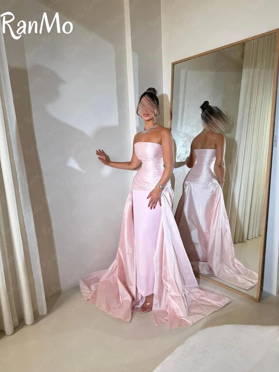 Ranmo Simple Pink Mermaid Evening Dress Strapless Pleats Ankle-Length Sleeveless Prom Dresses فساتين سهرة Customized