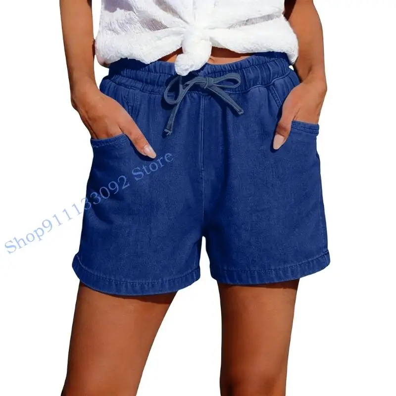 H9ED Jean Shorts Womens Drawstring Stretchy Casual Loose Elastic Pull On Shorts