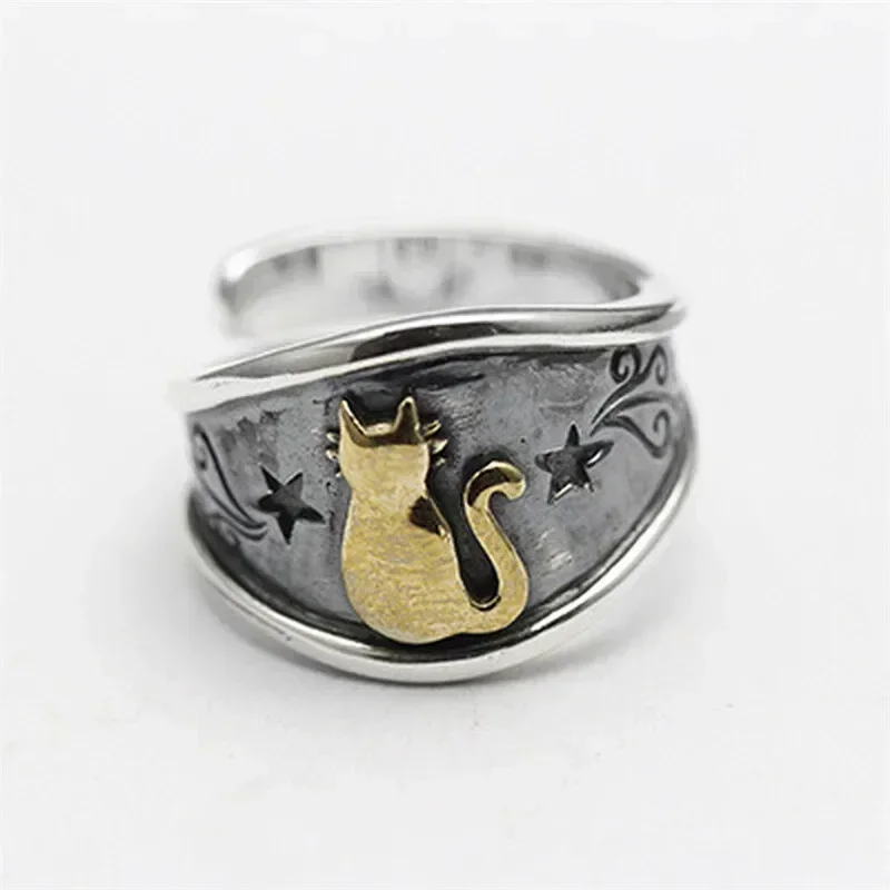 Fashion Star Cat Opening Ring Retro Dyed Black Ring Finger Gift for Men Access B