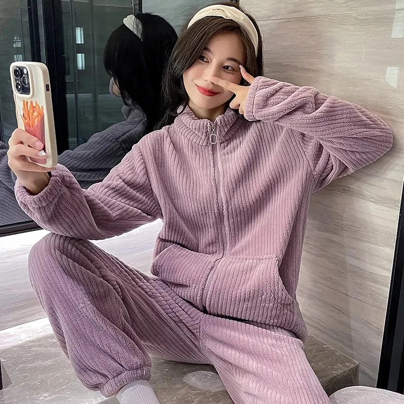 New Coral velvet Pajama Two-piece set Zipper Sleeping Sleepwear Autumn Winter Underwear Set Nightie Warm Pajamas Pyjamas Women