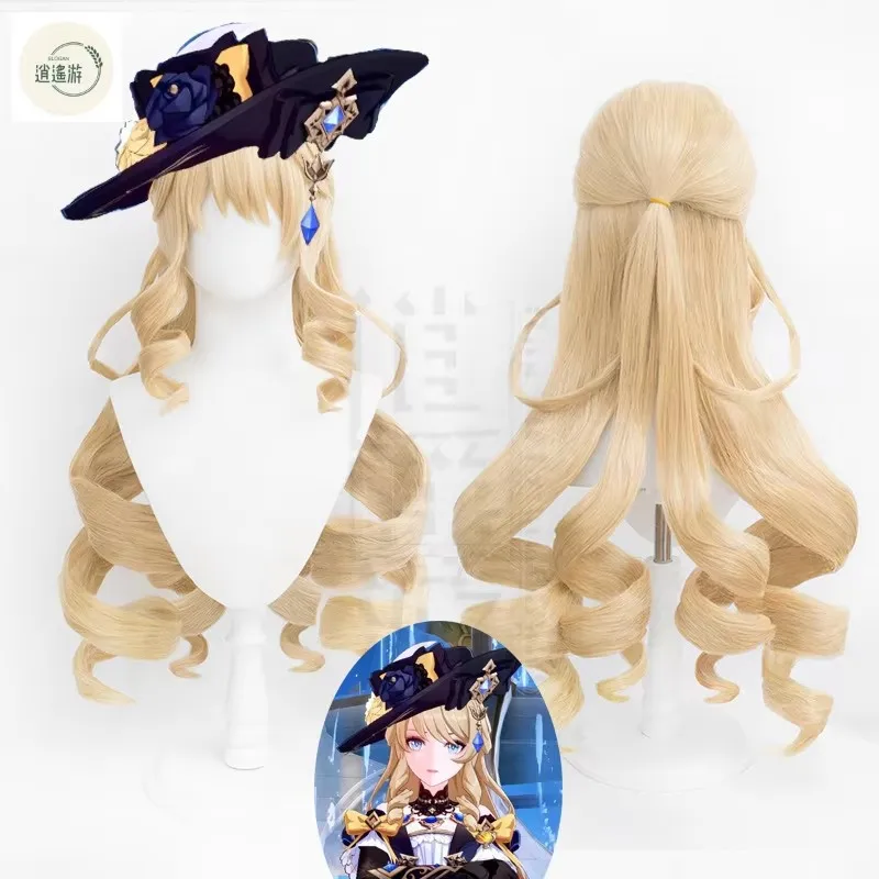 Game Genshin Impact Navia Cosplay Wig 120CM Long Curly Gold Heat-resistant Synthetic Hair Halloween Cosplay Navia Wigs+wig Cap