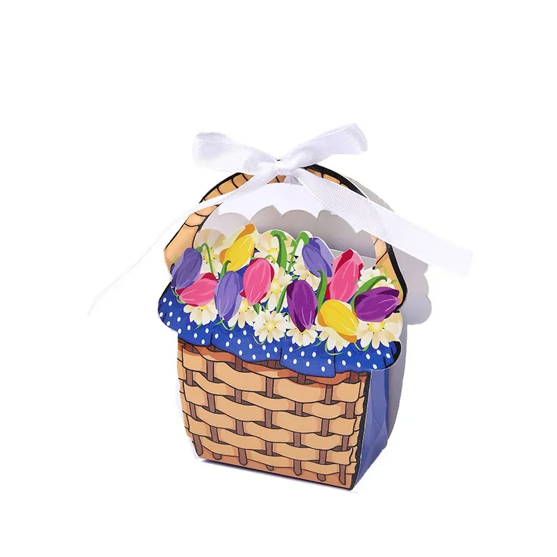 10Pcs Creative Oil Painting Flower Basket Shape Candy Boxes Gift Packings Boxes for Wedding Birthday Baaby Shower Party Decor