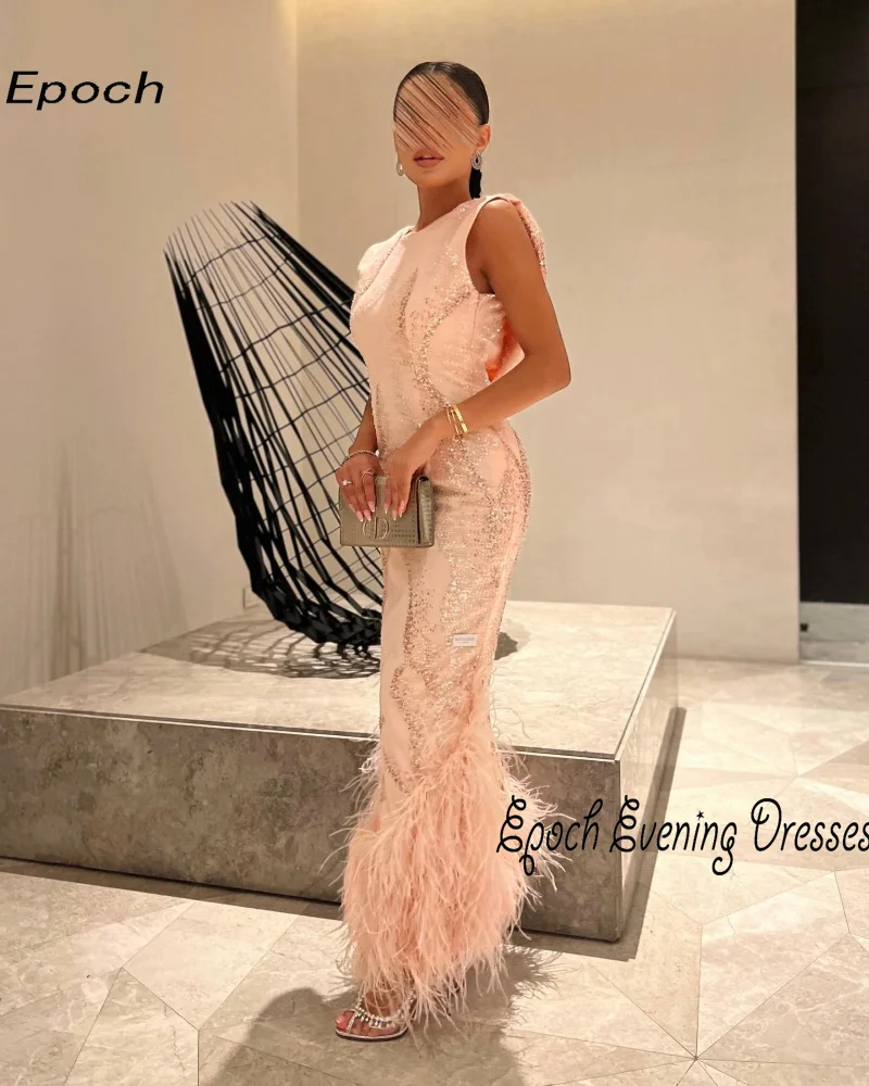 Luxury Evening Dress For Sexy Women 2024 فساتين السهرة Elegant Straight O-Neck Lace Feathers Bodice Cocktail Party Prom Gown