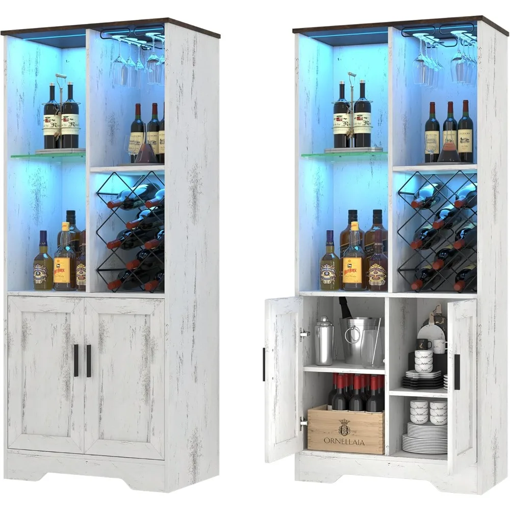 Wine Cabinet, Wine Bar Cabinet with LED Lights, Liquor Cabinet with Glass Holder Wine Rack, Farmhouse Modern Liquor Cabinet with