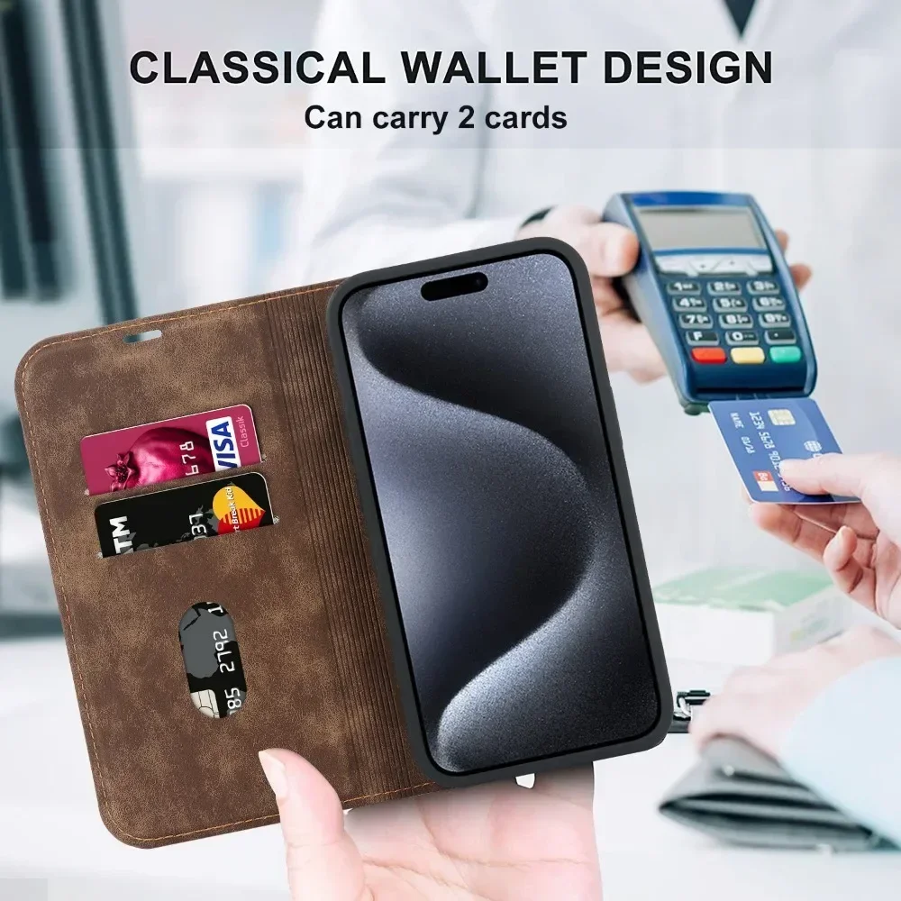 Leather Magnetic Flip Case for iPhone 16 15 14 13 12 Pro Max Plus Mini Cover Vintage Wallet Card Pocket Stand Shell for Magsafe