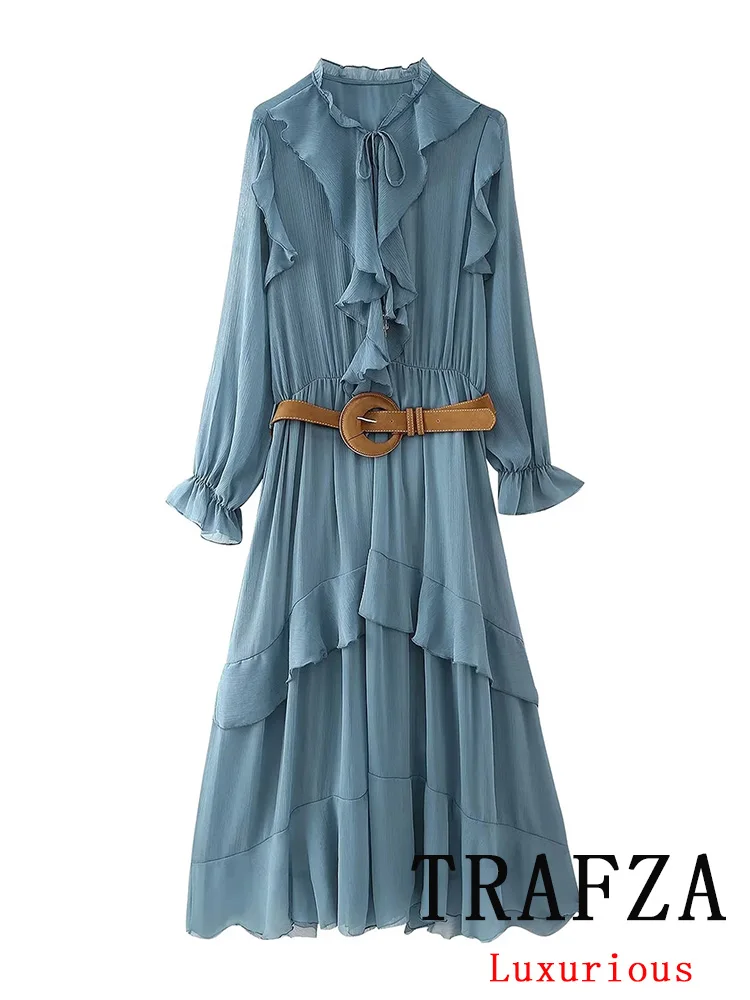 TRAFZA Vintage Casual Chic Women Dress Blue Solid O-Neck Belt Straight Long Tierred Vestidos Fashion 2024 Autumn Holiday Dress