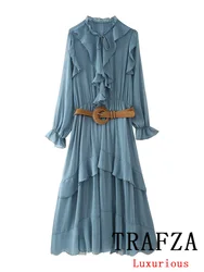 TRAFZA Vintage Casual Chic Women Dress Blue Solid O-Neck Belt Straight Long Tierred Vestidos Fashion 2024 Autumn Holiday Dress