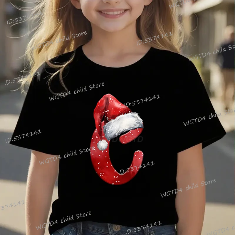 الفتيات الفتيان عيد الميلاد 26 الأبجدية سانتا قبعة تي شيرت مطبوع خطابات ABC D لينة القطن تي شيرت احتفالي الاطفال عيد الميلاد الملابس #4