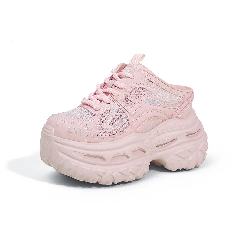 

9CM Breathable Mesh Microfiber Slippers Casual Vulcanize Hollow Shoes Woman Summer Chunky Sneakers Platform Wedge Sandals