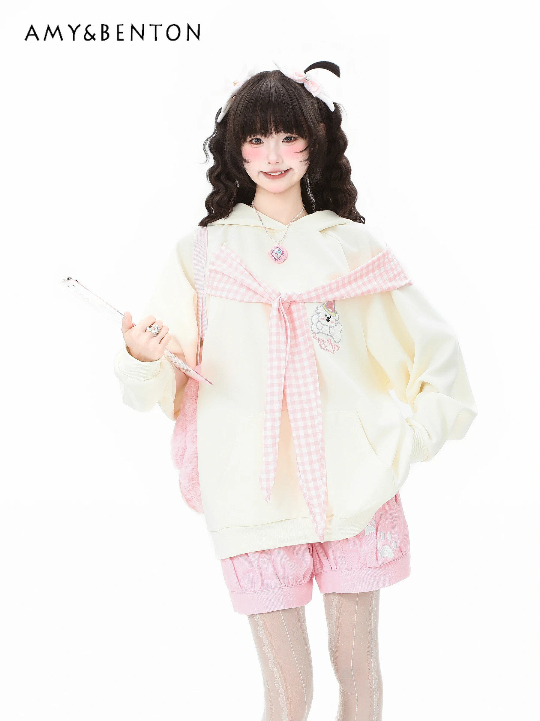 2025 Spring and Autumn New Sweet Blue Bow Tie Hooded Sweatshirt  Apricot Bear Embroidery Top Blue Short Skirt and Pink Shorts