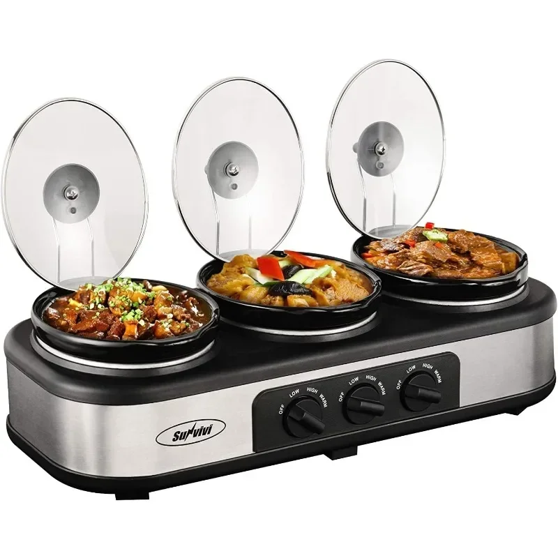 Hot Sellers.Triple Slow Cooker Buffet Server and Food Warmer, 3-Section 1.5-Quart Upgraded Oval Ceramic Pot with Stainl