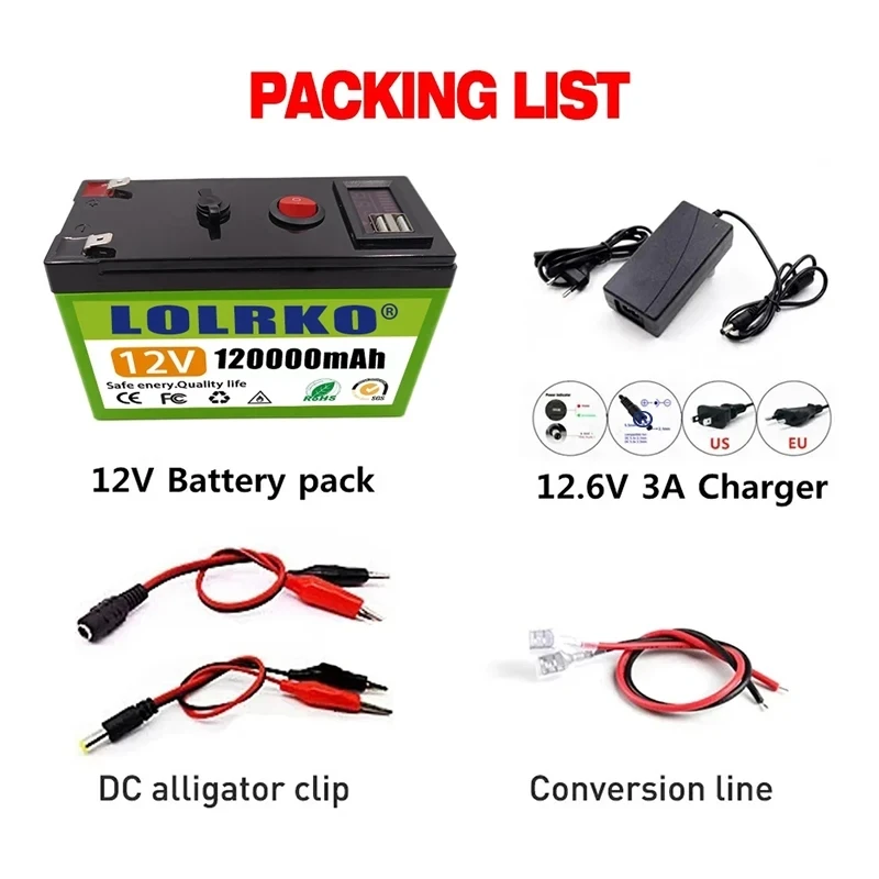 Iron phosphate battery 12V 120Ah USB Rechargeable 18650 lithium battery for solar energy electric vehicle + 12.6V 3A charger