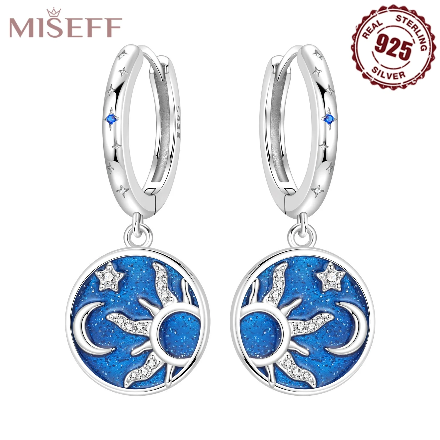 MISEFF S925 Sterling Silber Hängeohrringe Sonne Mond Stern Ohrringe Hypoallergener Himmelsmotiv-Ohrschmuck Geschenk für Frauen und Mädchen