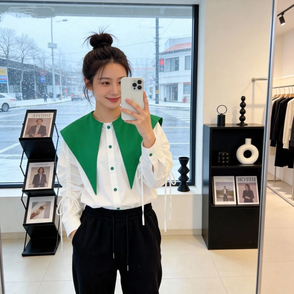 

Новая весенняя свободная повседневная блузка с длинным рукавом, белая, с вставками, женская, с воротником «Питер Пэн», с дизайнерским воротником в морском стиле, с эффектом утончения