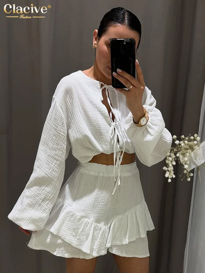 

Clacive Fashion Loose White Cotton Two Piece Outfits Woman 2025 Elegant Long Sleeve Crop Shirt With High Waist Mini Skirt Set