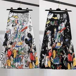 Disney Mickey Women Pleated Skirt Anime Women High Waist Casual A Line Skirts Cartoon Female Streetwear Elastic Skirt Clothes