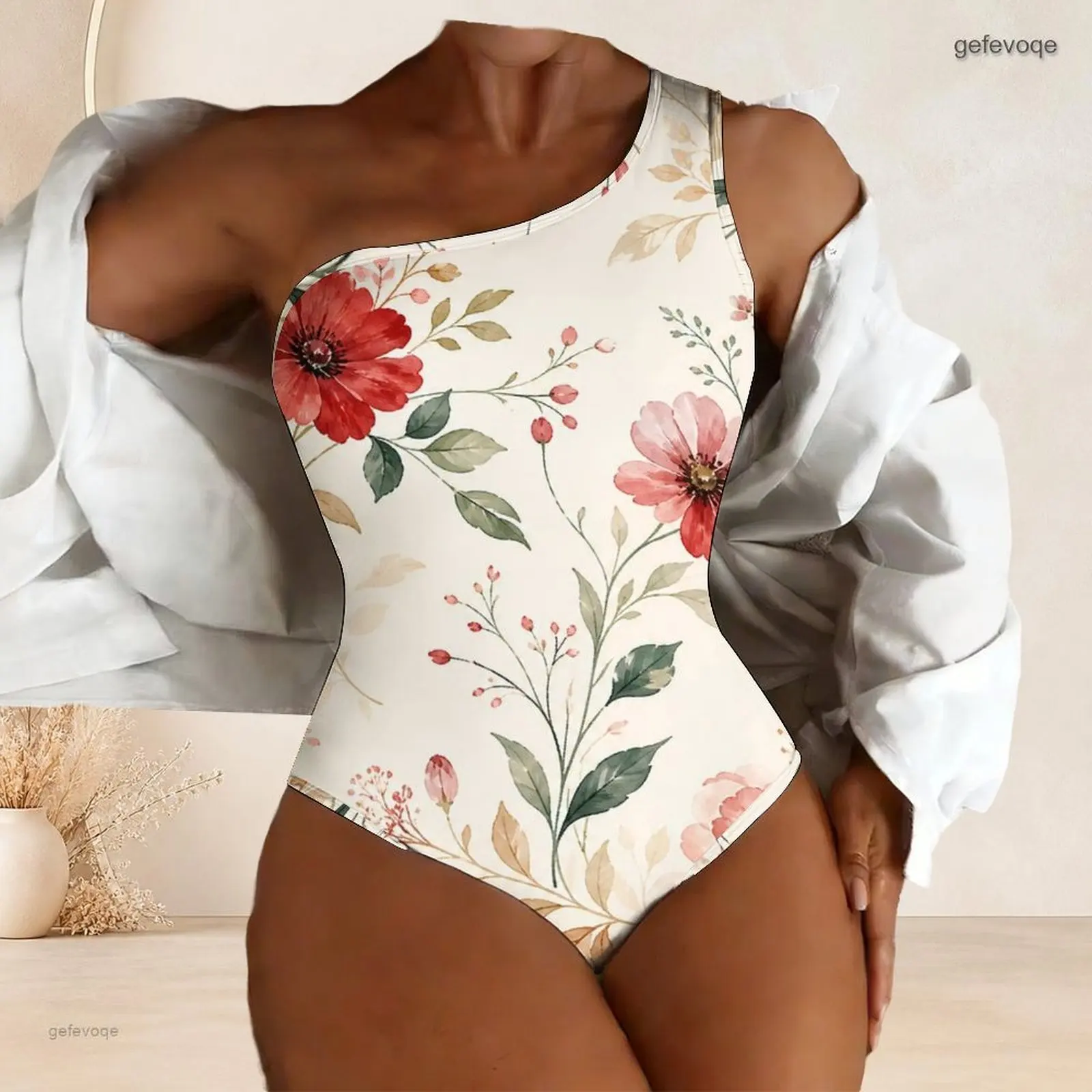 One Shoulder One Piece Asymmetric Neck Printed Swimsuit for Women