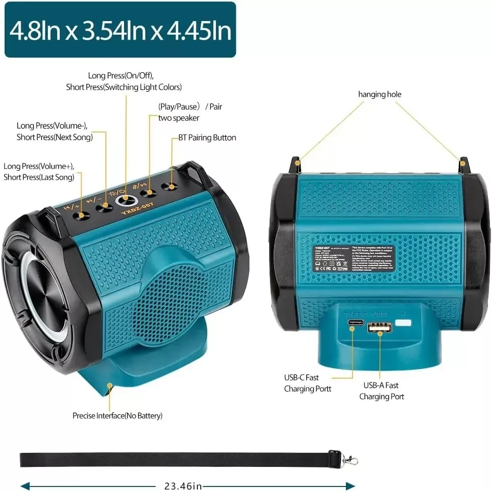 Bluetooth Speaker for Makita 18V Li-ion Battery With USB Type-C Port Cordless Small Speaker for Jobsites, Home and Party