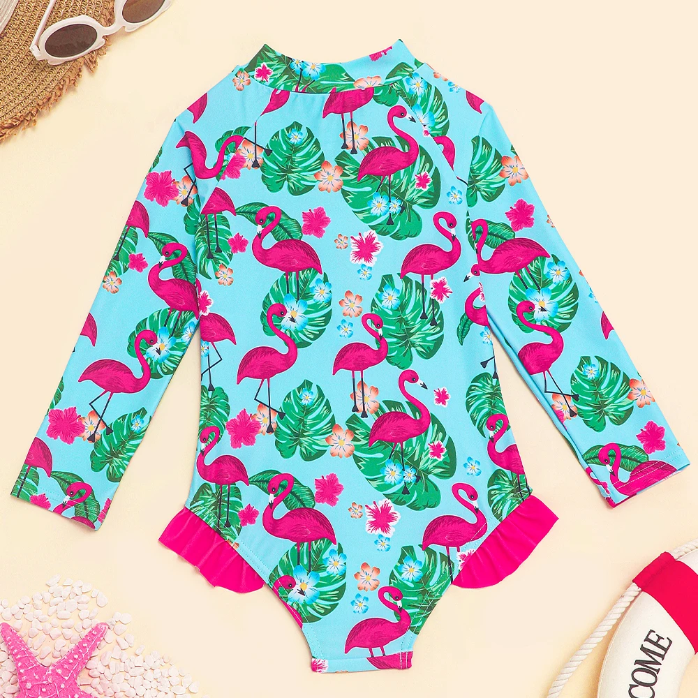 Girls One Piece Swimsuits Long Sleeve Rash Guard Beachwear Flamingo Swimwear Kids Hawaiian Bathing Suit Ruffle Swim Shirts